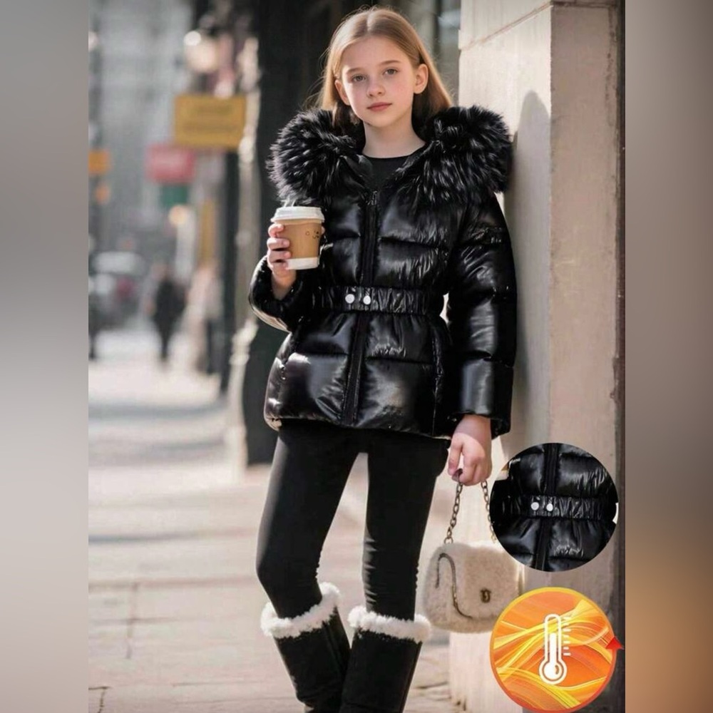 Petites Girl Black Puffer Jacket with Fur Trim